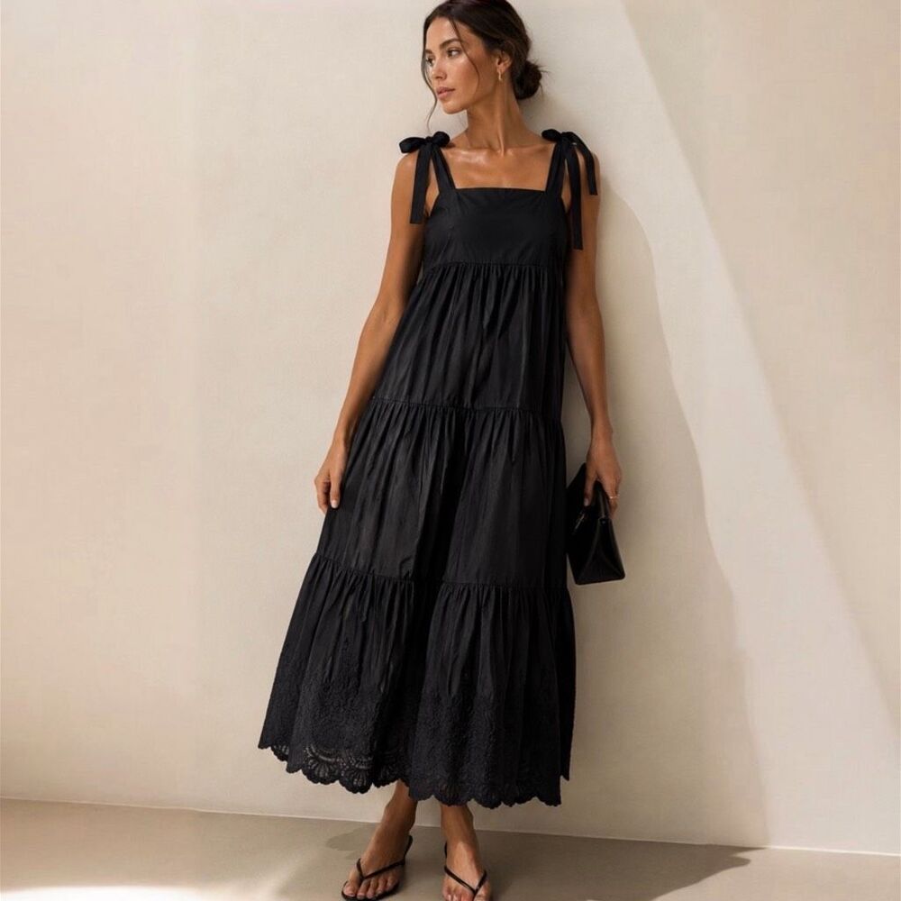 Jason Wu Tiered Cotton Eyelet Detail Hem Tie Shoulder Maxi